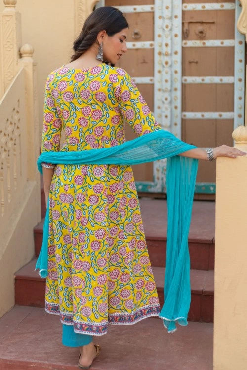 Sootisyahi -“Golden Bloom” Hand Block Printed Cotton Suit Set
