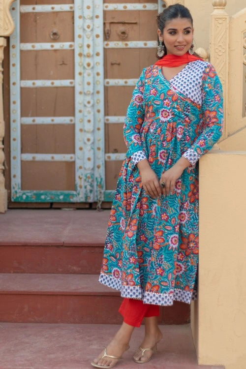 Sootisyahi -“Coral Celebration” Hand Block Printed Cotton Suit Set