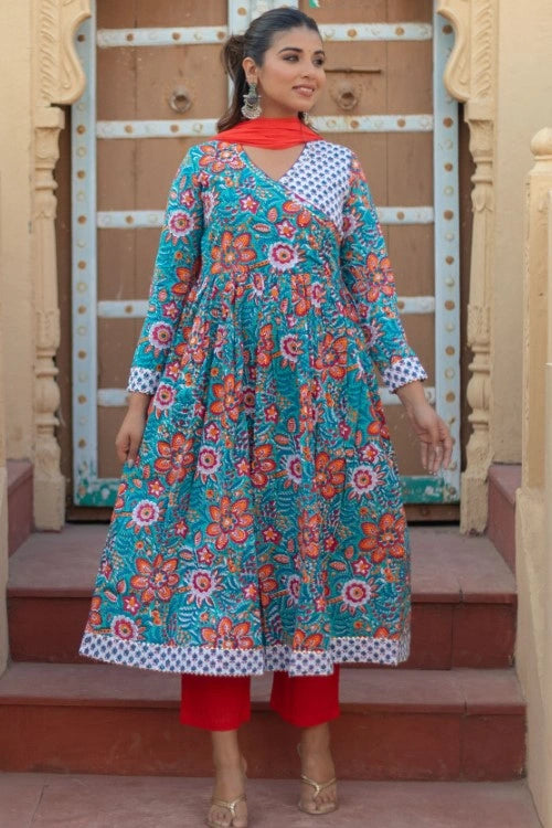 Sootisyahi -“Coral Celebration” Hand Block Printed Cotton Suit Set
