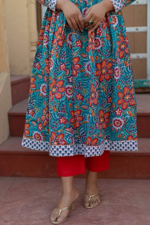 Sootisyahi -“Coral Celebration” Hand Block Printed Cotton Suit Set