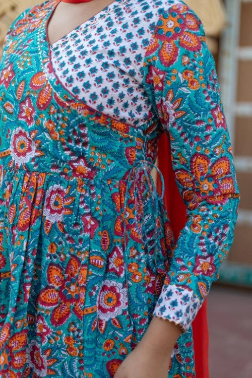 Sootisyahi -“Coral Celebration” Hand Block Printed Cotton Suit Set