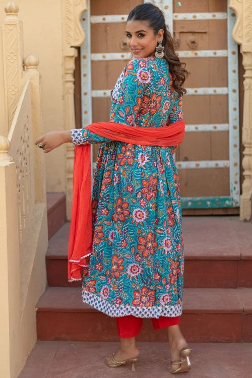 Sootisyahi -“Coral Celebration” Hand Block Printed Cotton Suit Set