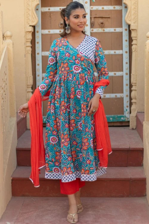 Sootisyahi -“Coral Celebration” Hand Block Printed Cotton Suit Set