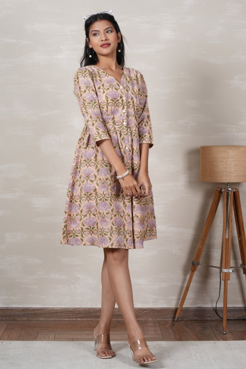 Sooti Syahi Lotus Love Hand Block Printed Cotton Dress
