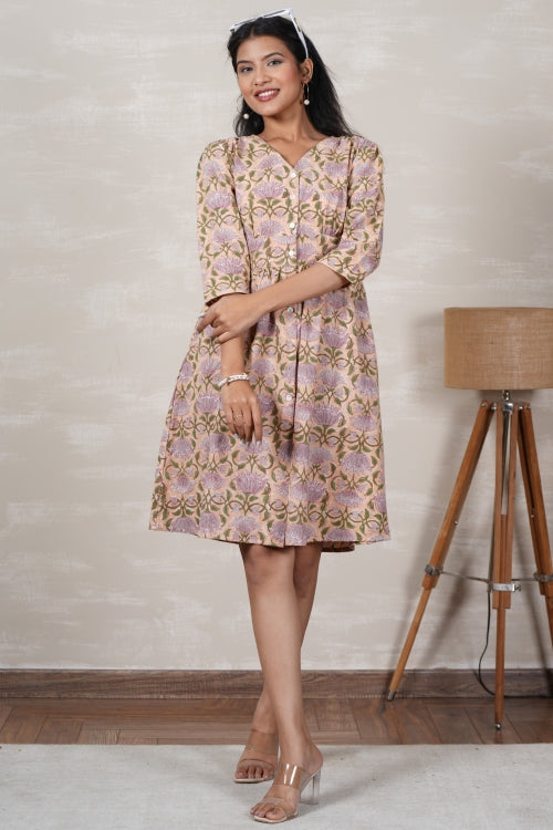 Sooti Syahi Lotus Love Hand Block Printed Cotton Dress