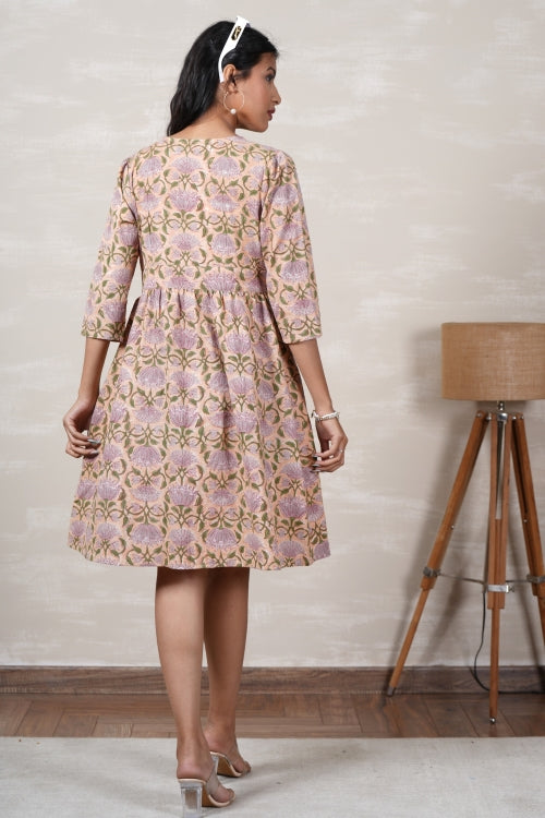 Sooti Syahi Lotus Love Hand Block Printed Cotton Dress