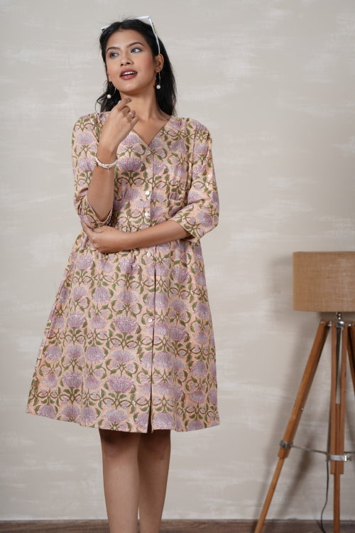 Sooti Syahi Lotus Love Hand Block Printed Cotton Dress