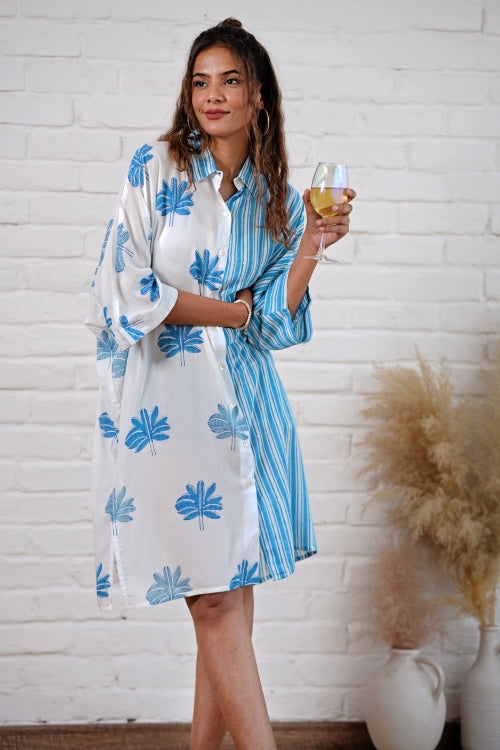 Sooti Syahi Kristen In Blue Hand Block Printed Oversize Shirt