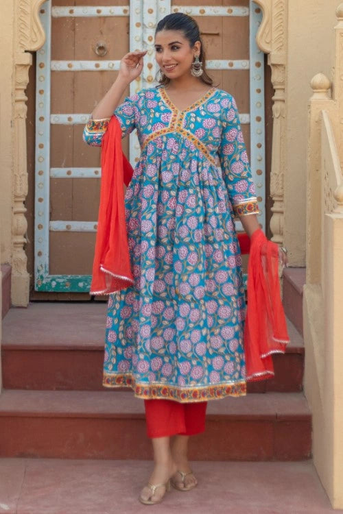 Sootisyahi -“Floral Celebration” Hand Block Printed Cotton Suit Set