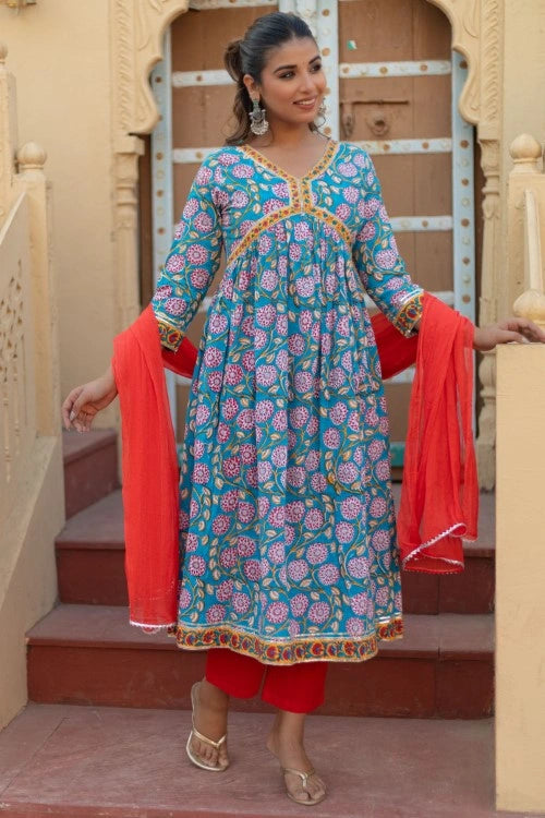 Sootisyahi -“Floral Celebration” Hand Block Printed Cotton Suit Set