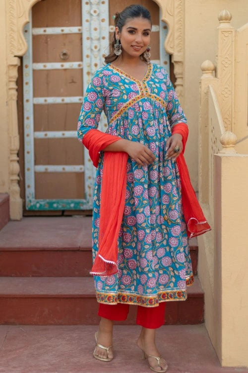 Sootisyahi -“Floral Celebration” Hand Block Printed Cotton Suit Set