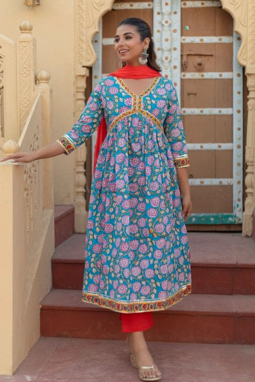Sootisyahi -“Floral Celebration” Hand Block Printed Cotton Suit Set