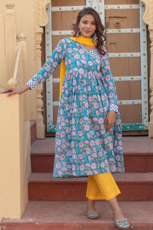 Sootisyahi -“Turquoise Festivity” Hand Block Printed Cotton Suit Set