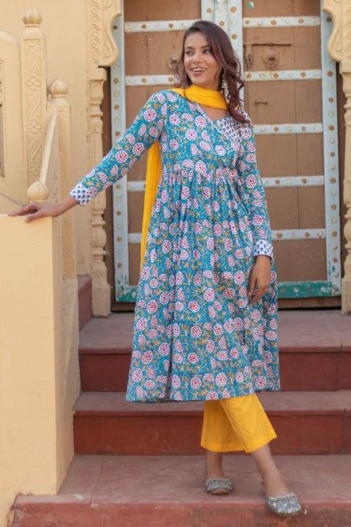 Sootisyahi -“Turquoise Festivity” Hand Block Printed Cotton Suit Set