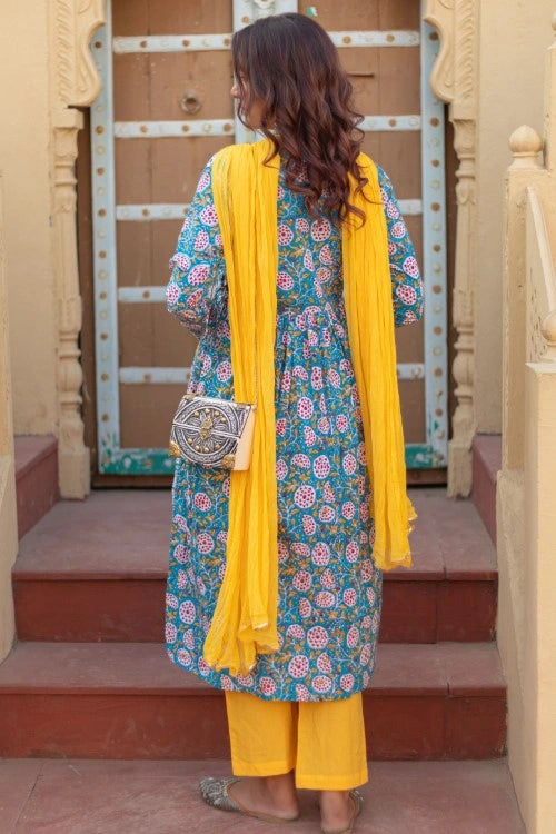 Sootisyahi -“Turquoise Festivity” Hand Block Printed Cotton Suit Set