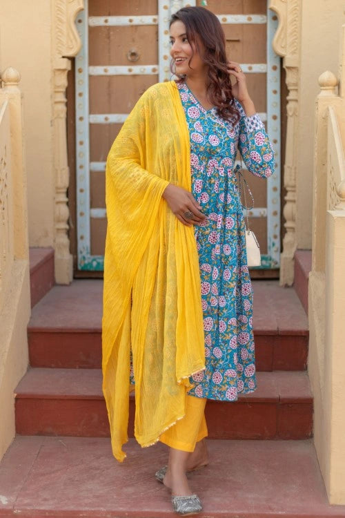 Sootisyahi -“Turquoise Festivity” Hand Block Printed Cotton Suit Set