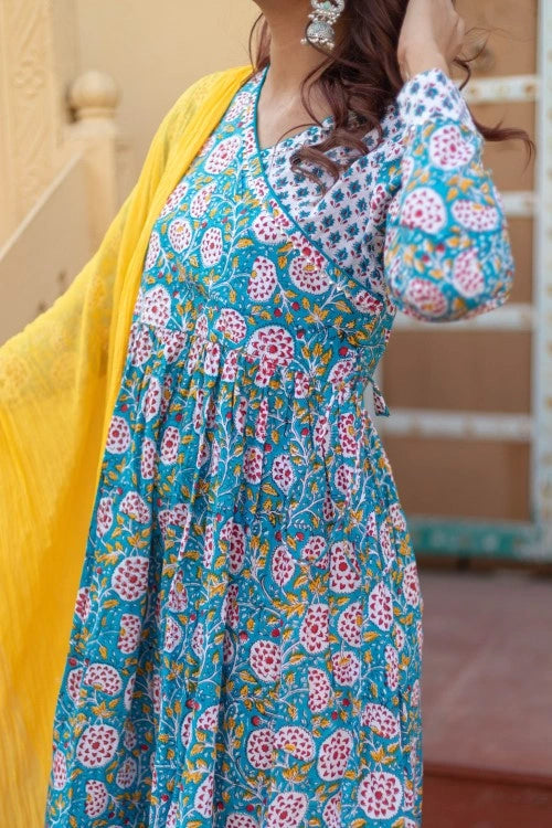 Sootisyahi -“Turquoise Festivity” Hand Block Printed Cotton Suit Set