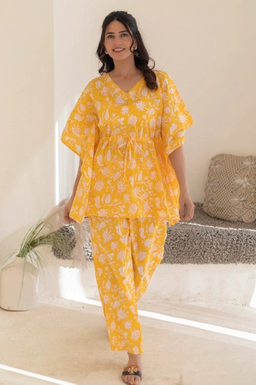 Sootisyahi -Golden-Petals-Cotton-Kaftan-Set
