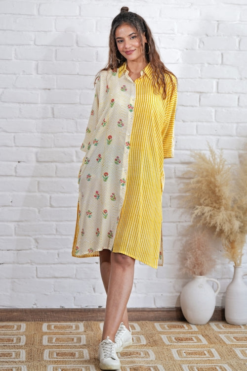 Sooti Syahi Krissy In Yellow Hand Block Printed Oversize Shirt