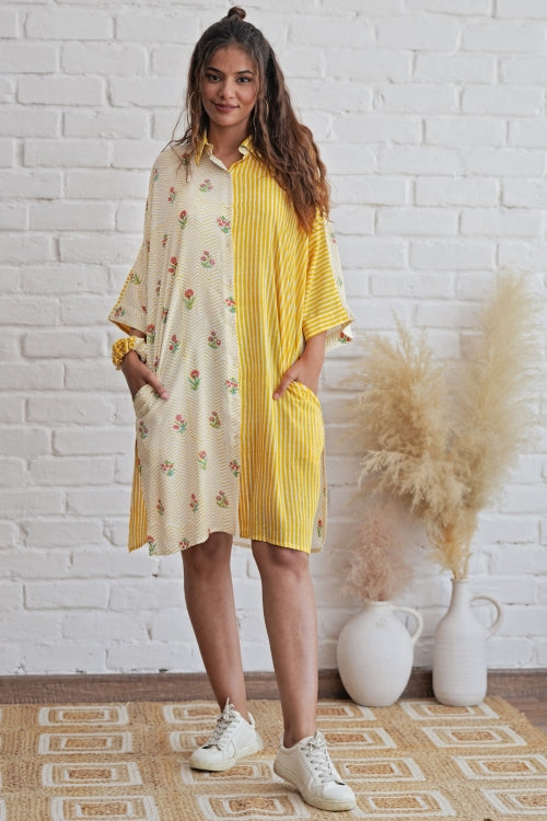 Sooti Syahi Krissy In Yellow Hand Block Printed Oversize Shirt