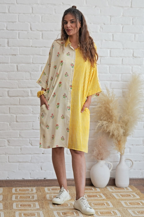 Sooti Syahi Krissy In Yellow Hand Block Printed Oversize Shirt