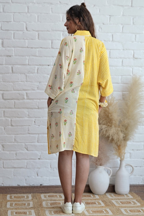 Krissy In Yellow Hand Block Printed Oversize Shirt