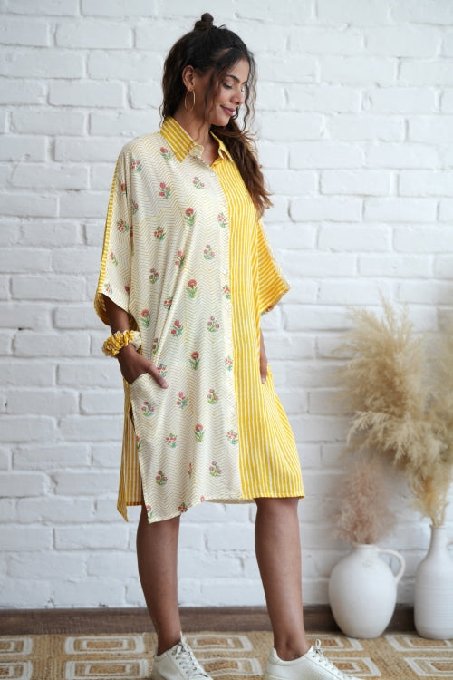 Sooti Syahi Krissy In Yellow Hand Block Printed Oversize Shirt