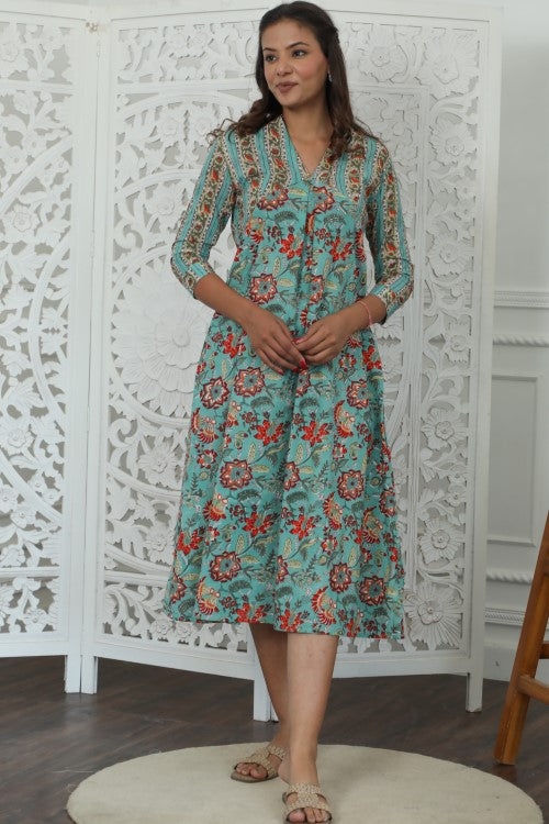 Sootisyahi ' Floralix ' Azofree Handblock Printed Pure Cotton Dress