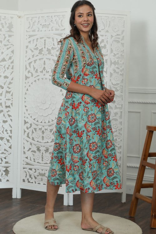 Sootisyahi ' Floralix ' Azofree Handblock Printed Pure Cotton Dress