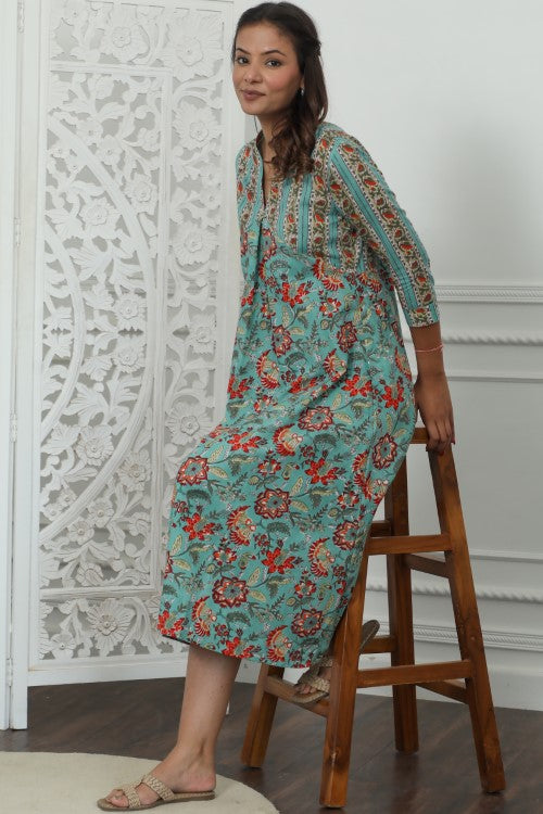 Sootisyahi ' Floralix ' Azofree Handblock Printed Pure Cotton Dress