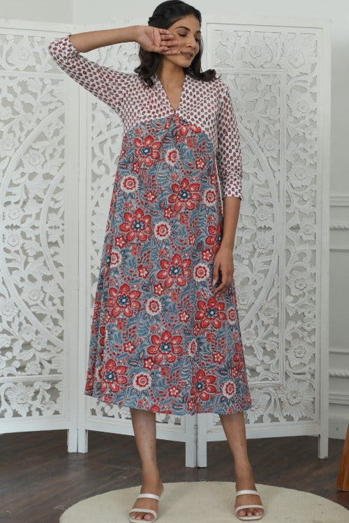 Sootisyahi ' Daisyana ' Azofree Handblock Printed Pure Cotton Dress