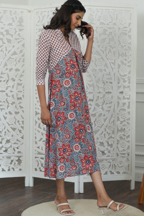 Sootisyahi ' Daisyana ' Azofree Handblock Printed Pure Cotton Dress