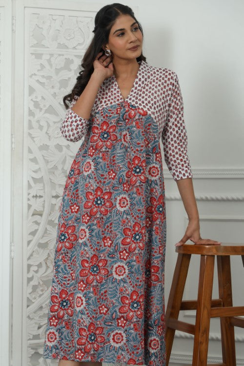 Sootisyahi ' Daisyana ' Azofree Handblock Printed Pure Cotton Dress