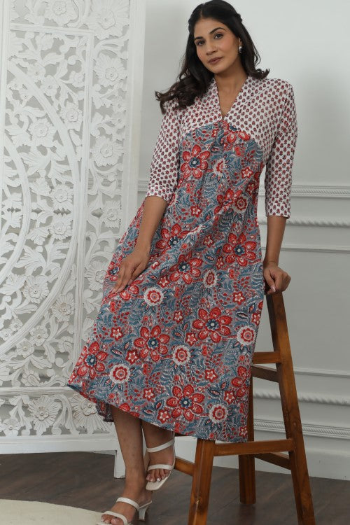 Sootisyahi ' Daisyana ' Azofree Handblock Printed Pure Cotton Dress
