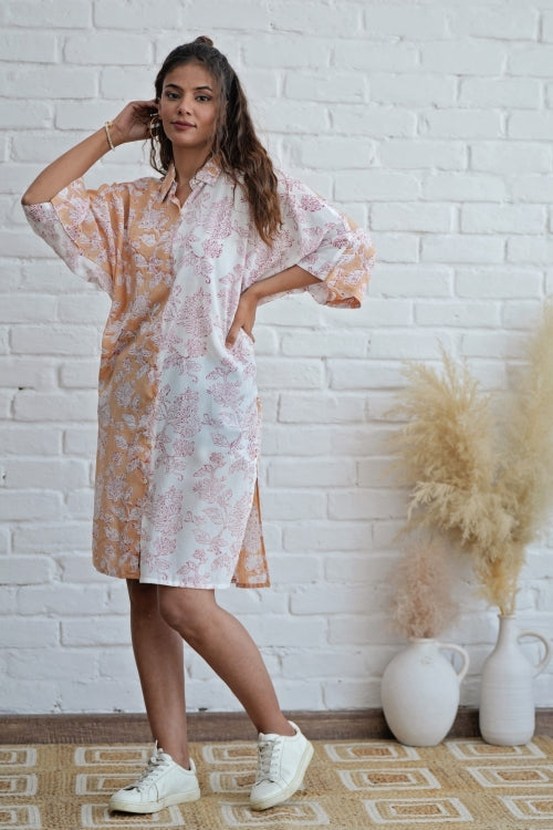 Sooti Syahi Grace In Peach Hand Block Printed Oversize Shirt