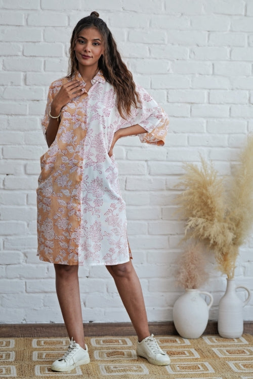Sooti Syahi Grace In Peach Hand Block Printed Oversize Shirt