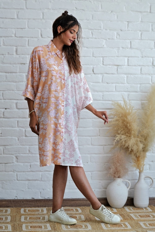 Sooti Syahi Grace In Peach Hand Block Printed Oversize Shirt