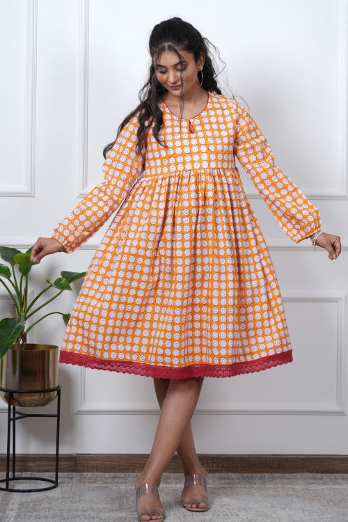 Sooti Syahi Orange Orchid Hand Block Printed Dress