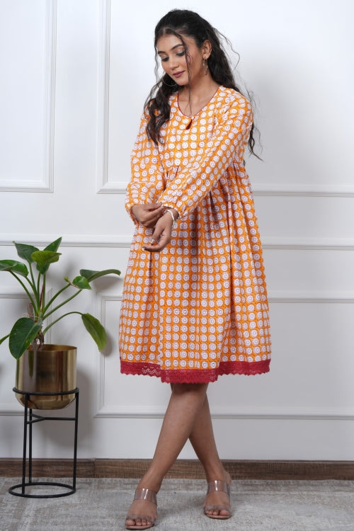 Sooti Syahi Orange Orchid Hand Block Printed Dress