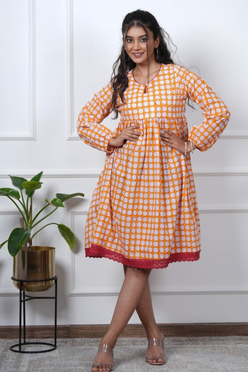 Sooti Syahi Orange Orchid Hand Block Printed Dress