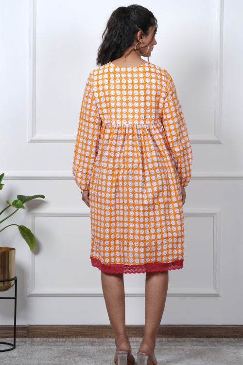 Sooti Syahi Orange Orchid Hand Block Printed Dress