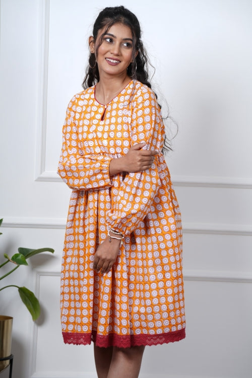 Sooti Syahi Orange Orchid Hand Block Printed Dress