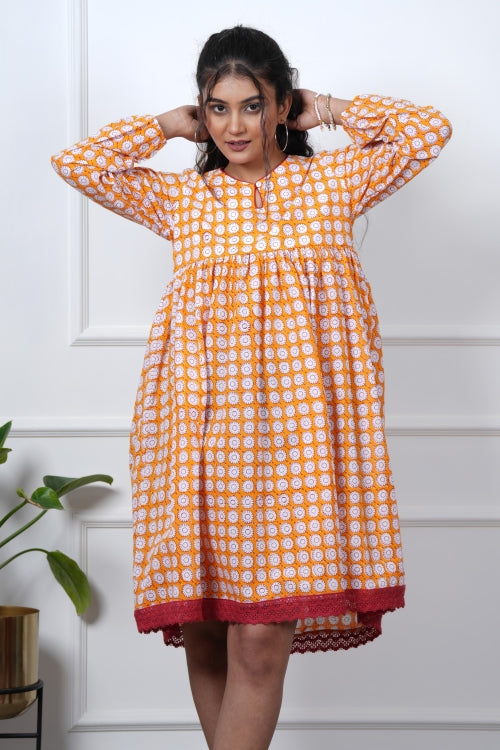 Sooti Syahi Orange Orchid Hand Block Printed Dress