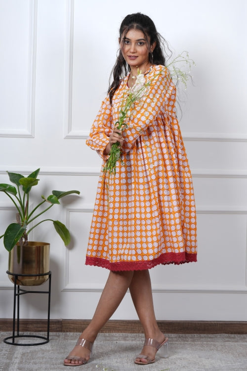 Sooti Syahi Orange Orchid Hand Block Printed Dress