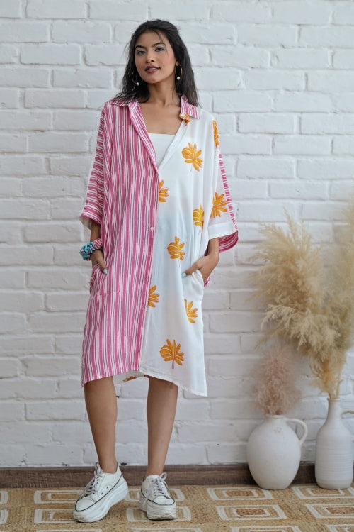 Sooti Syahi Teresa In Pink Hand Block Printed Oversize Shirt