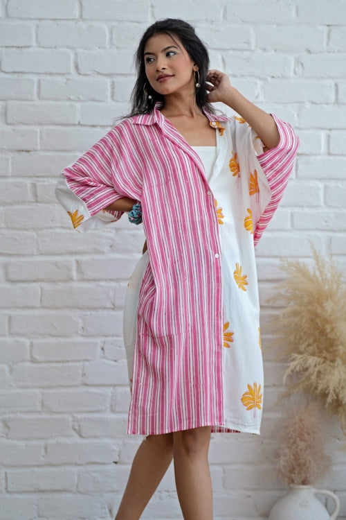Sooti Syahi Teresa In Pink Hand Block Printed Oversize Shirt