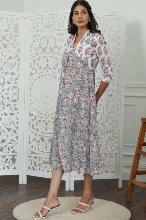 Sootisyahi ' Petalina ' Azofree Handblock Printed Pure Cotton Dress