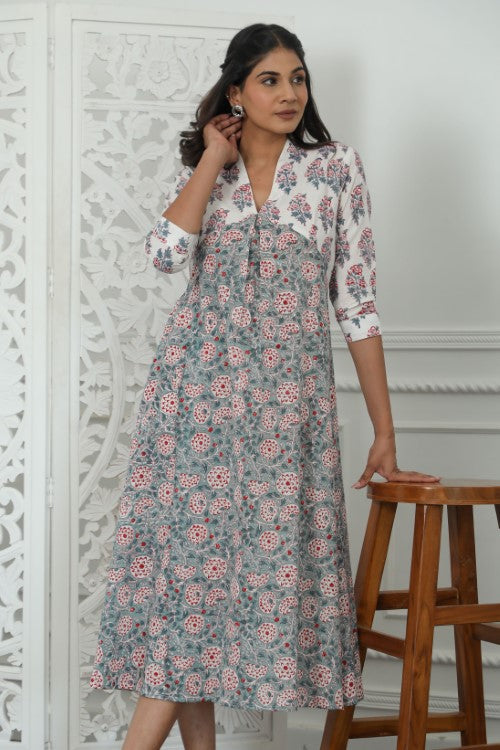 Sootisyahi ' Petalina ' Azofree Handblock Printed Pure Cotton Dress
