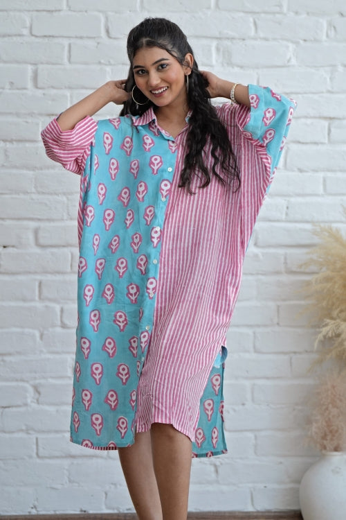Sooti Syahi Skipper In Pink Hand Block Printed Oversize Shirt