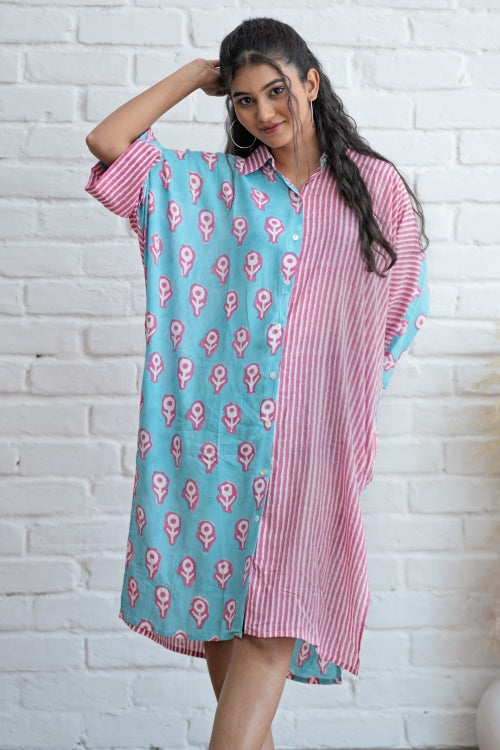Sooti Syahi Skipper In Pink Hand Block Printed Oversize Shirt